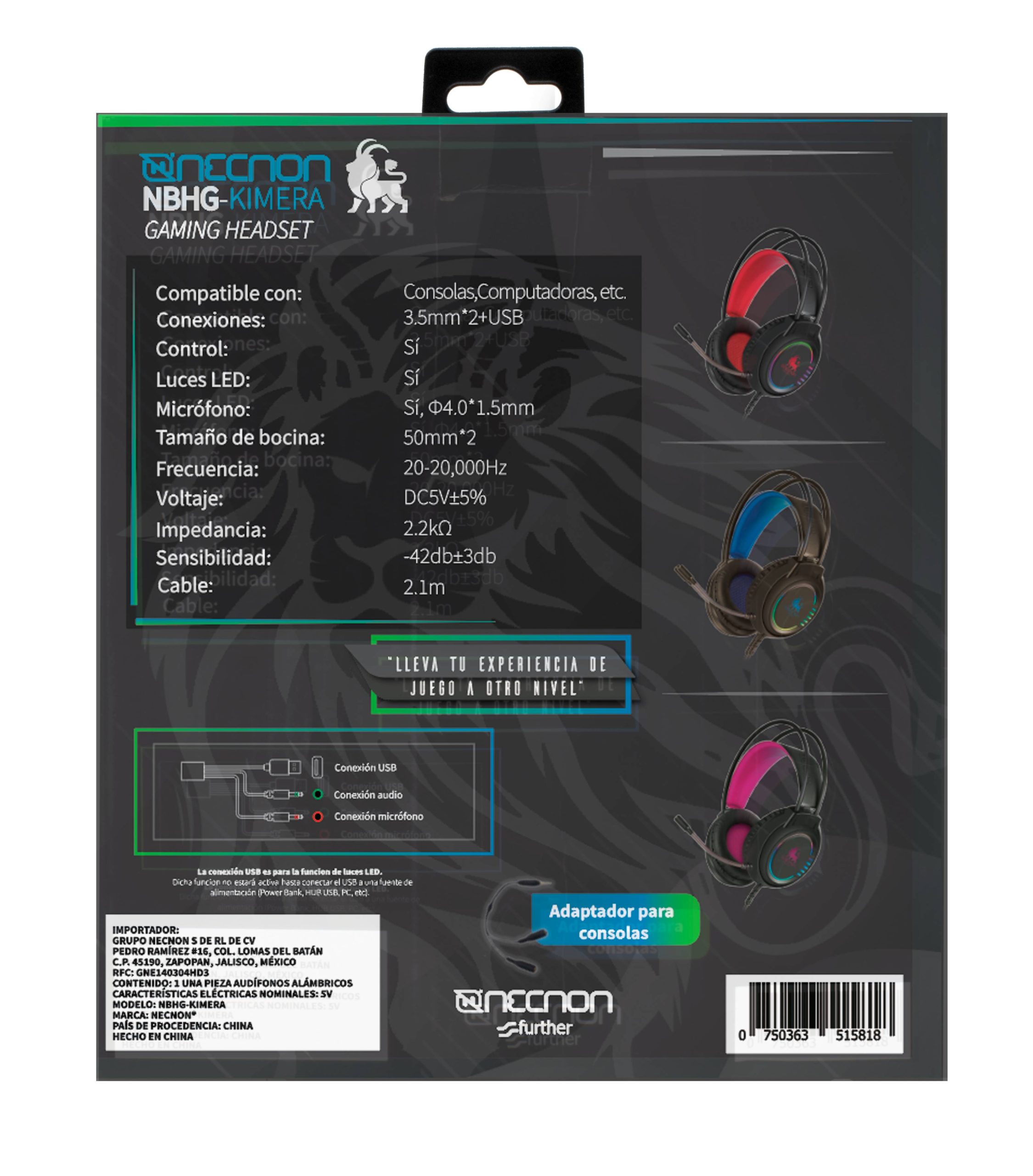 AUDIFONOS HEADSET GAMING OVER-EAR NBHG KIMERA RGB ALAMBRICO 3.5MM USB PC CONSOLAS CELULAR MICROFONO FLEXIBLE INC ADAPTADOR ROJO