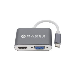Adaptador Tipo C a HDMI+VGA Naceb Technology NA-0113, Plata, USB C, HDMI+VGA