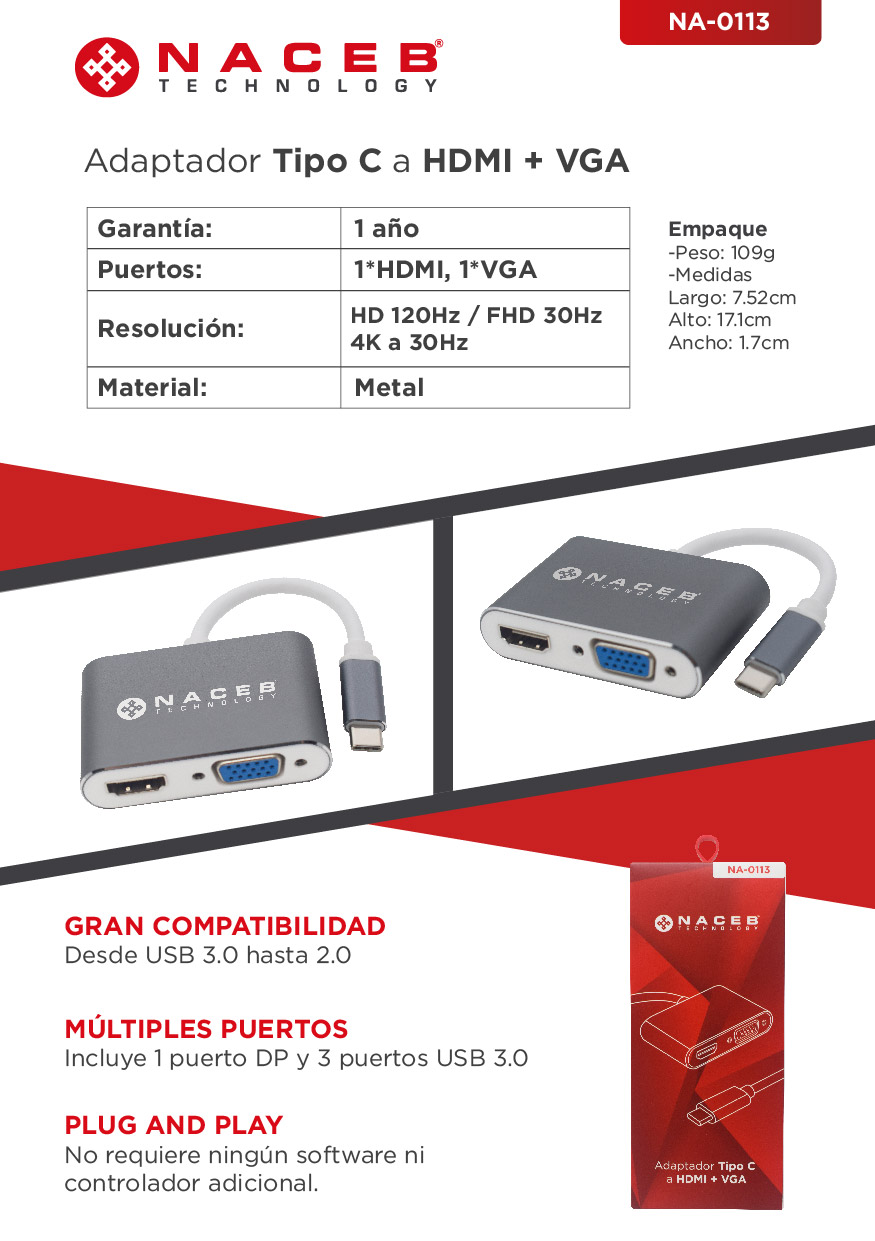 Adaptador Tipo C a HDMI+VGA Naceb Technology NA-0113, Plata, USB C, HDMI+VGA