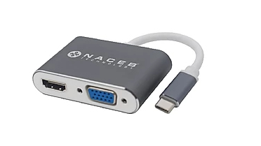 Adaptador Tipo C a HDMI+VGA Naceb Technology NA-0113, Plata, USB C, HDMI+VGA