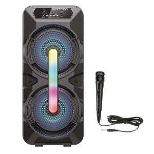 Bafle Karoke NECNON Bluetooth Doble 6.5 pulgadas NB-06B TWS Incluye Microfono Alambrico Radio FM Micro SD USB Barra De Luz LED 6500 Watts NEGRO