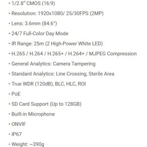 Cámara Bala IP FULL COLOR PROVISION ISR BSV-320SRN-36 (2 MP) Lente fijo 3.6 (84.6°)