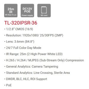 Cámara Bala IP H.265 Marca Provision (TL-320IPSR-36) Cámara Bala IP 2MP, Full-Color Lente fijo 3.6 (84.8°) mm