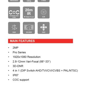 Cámara Domo PRO Marca Provision (DI-320A-28), Cámara domo AHD 2 MP compatible con CVI/TVI, CVBS, Lente fijo 2.8 (88°) mm