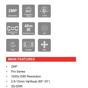 Cámara Domo PRO Marca Provision (DI-320A-VF), Cámara domo AHD 2MP compatible CVI/TVI, CVBS, Lente VF 2.8-12 (88°-33°) mm