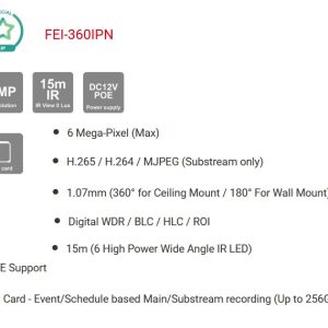 Cámara IP PROVISION FEI-360IPN PoE IR de 6 MP, Ojo de pez, antivandalica, Sensor CMOS de 1/2,9” y lente de 360° de 1,07 mm • Tiempo real, 30 fps • Almacen