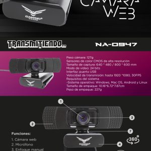 Cámara Web Naceb Technology NA-0947, Tamaño de captura 640x480/ 800x600, Velocidad de trasmisión: hasta 1920x1080 30fps, rotación hasta 360, micrófono inte