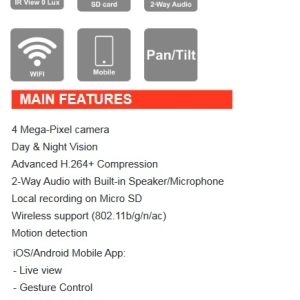 Cámara Wifi Provision ISR PT-848 Domo 4MP, PT (Pan:348° - Til: 70°), Audio 2 vías, Deteccion de Movimiento y Humanos, Soporta Micro SD 256GB.