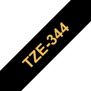 Etiqueta negra continua laminada Brother TZE344, de 18 mm de ancho x 8 mts de largo. Impresión en dorado.