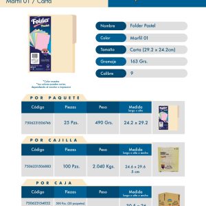 Folder Tamaño Carta DIEM. Color Crema. Cantidad: 100 Folders. Gramaje 163 grs. Calibre 9. Tamaño 29.2 x 24.2 cm. MF01C100.