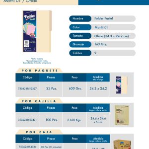 Folder Tamaño Oficio DIEM. Color Crema. Cantidad: 100 folders. Gramaje 163 grs. Calibre 9. Tamaño 34.3 x 24.2 cm. MF01OC100