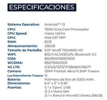 HYLine, 6.51 pulgadas 1600x720 Incell, T606, 8GB RAM, 256GB Storage, Android 13, 13MP Front, 48/2MP Rear, 5000 mAh, Includes Clear Case, Screen Protector a