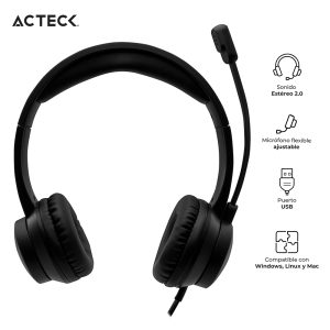 Headset ACTECK Estéreo 2.0 Alámbrico USB MIC Ajustable WINDOWS-LINUX-MAC OS DISCOVER HU230