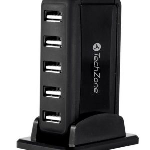 Hub TechZone, 7 puertos USB 2.0, color negro con fuente de poder para el incremento de tasa de transferencia, 1 año de garantía.