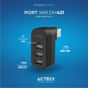 Hub USB 2.0 PORT X4R DH421 Acteck Advanced Series HUB Portatil 3 en 1