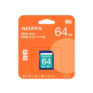 Memoria SD ADATA PREMIER PRO V30, 64 GB, 100 MB/s, 80 MB/s, Azul, Clase 10