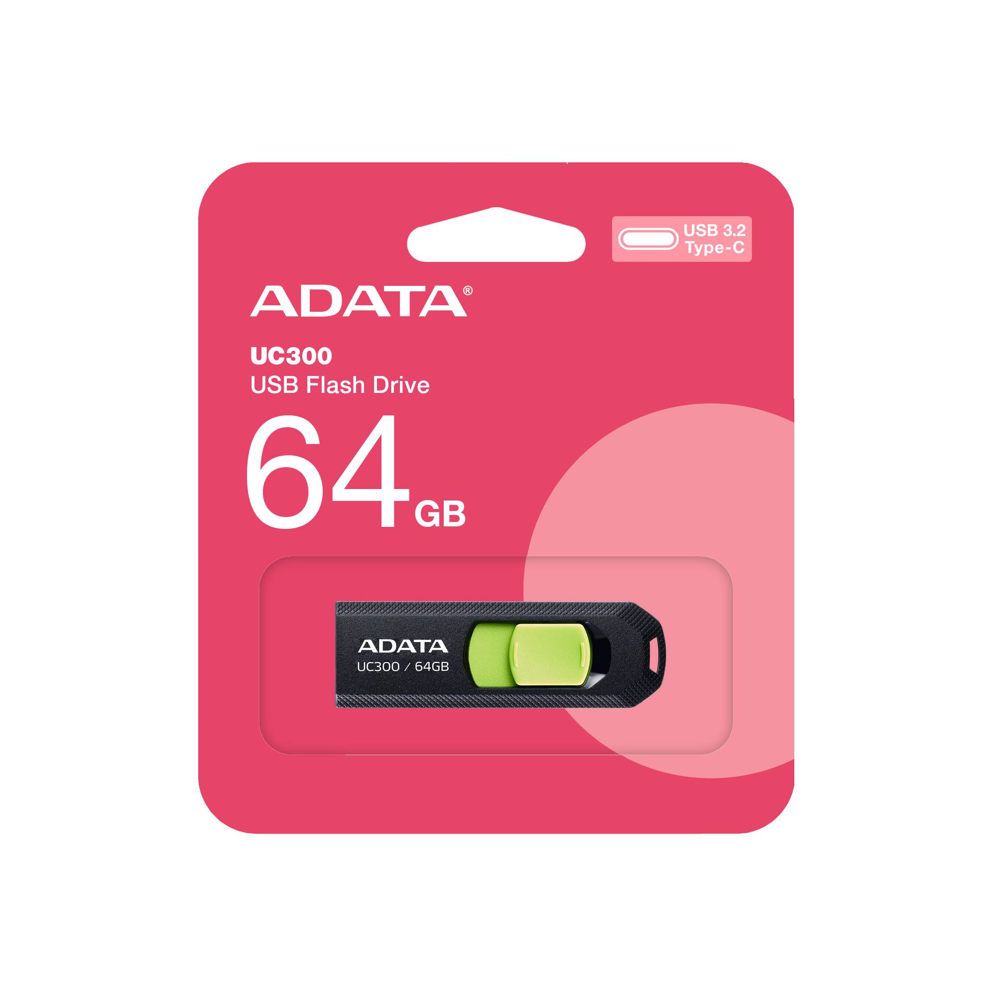 Memoria USB 3.2 Gen 1 Tipo C 64GB UC300, Conector deslizable sin tapa. Plastico, color NEGRO-VERDE ACHO-UC300-64G-RBK/GN