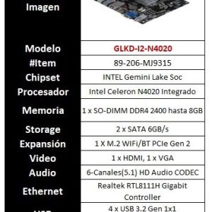 Motherboard ECS GLKD-I2-N4020, Intel, Mini iTX