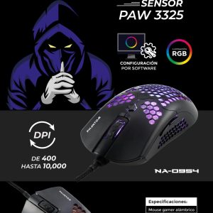 Mouse Gamer Naceb Technology Phantom, 6 Botones + Scroll, USB, 400-10000 DPI, Iluminación RGB, Sensor PAW3325, Cable Reforzado 1.8mts