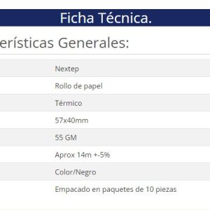 Rollo de Papel Nextep Térmico NE-528 57x40 mm c/10 piezas gramage 55 y largo 14m+5% impresión color negro