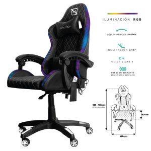 SILLA GAMER RGB INCLINACION RESPALDO 145° CLASE 4 140-150KG NGS-01 FOAM 350MM 63CM*64CM*121-131CM RUEDA 5 PULGADAS COJIN LUMBAR Y CABEZA NEGRO/BLANCO