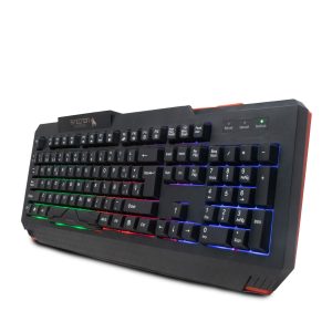 TECLADO GAMER NGK-MINOTAUR 104 TECLAS RETROILUMINADO LED MULTICOLOR DISENO ERGONOMICO RESISTENTE A SALPICADURAS ROJO/NEGRO