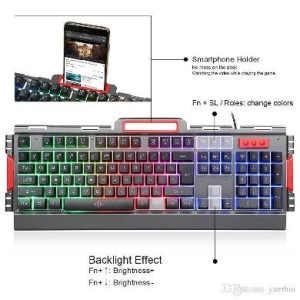 Teclado BROBOTIX 188533-2, USB, Juego, Alámbrico, Negro/Plata/Humo