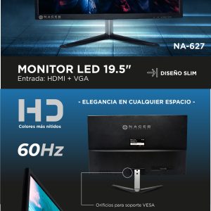 Monitor Naceb Technology NA-627, 19.5 pulgadas, 1440 x 900 Pixeles, Negro, HDMI + VGA 1 Año de Garantía con CT