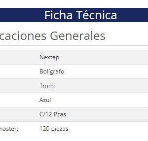 Bolígrafo Nextep NE-060A 1000 0.0 color azul 1mm c/12 barril trasparente contenido por master 120 piezas