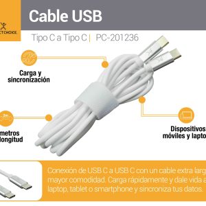 Cable USB C a C Macho PERFECT CHOICE PC-101710, USB C, 2 m, Blanco