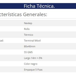 Rollo de Papel Nextep Térmico NE-529M 80x40 mm c/5 piezas gramage 55 y largo 14m + 5% impresión color negro