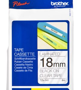 Etiqueta clara continua laminada Brother TZE141, de 18 mm de ancho x 8 mts de largo. Impresión en negro.