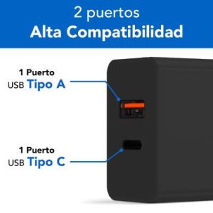 CARGADOR CARGA RÁPIDA, DUAL USB V3.0, 18W, 1 PUERTO TIPO A Y 1 PUERTO TIPO C, COLOR NEGRO, BROBOTIX 6006658