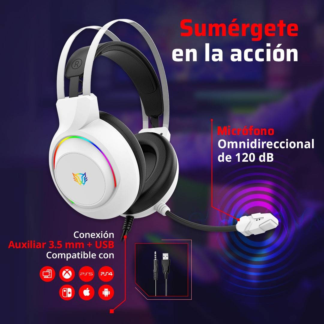 Headset Gaming Alambrico Hesix II HS688 Balam Rush Azender Series Sonido Envolvente, Alta Voces 50mm, Microfono Omnidireccional, Conexión 3.5mm + USB Largo