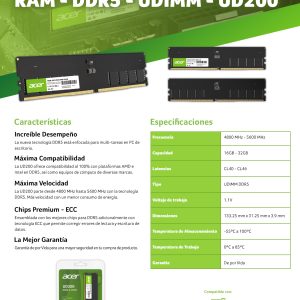 RAM ACER UD200 ESCRITORIO DDR5 32GB 4800 MHz, 1.1V