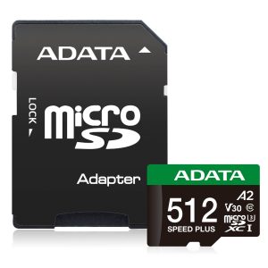 Micro Secure Digital ADATA SPEED PLUS microSDXC UHS-I U3 Clase 10, SD 6.0, V30 512GB Clase 10 (A2), Velocidad de lectura / escritura 180/160 MB/s UD512GUI3