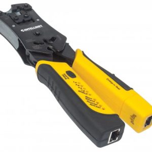 780124 Pinza Crimpeadora Universal 2 en 1 con Probador de Cables; corta, pela, remata y prueba.