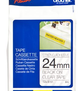 Etiqueta clara continua laminada con adhesivo super resistente Brother TZES151, de 24 mm de ancho x 8 mts de largo. Impresión en negro.