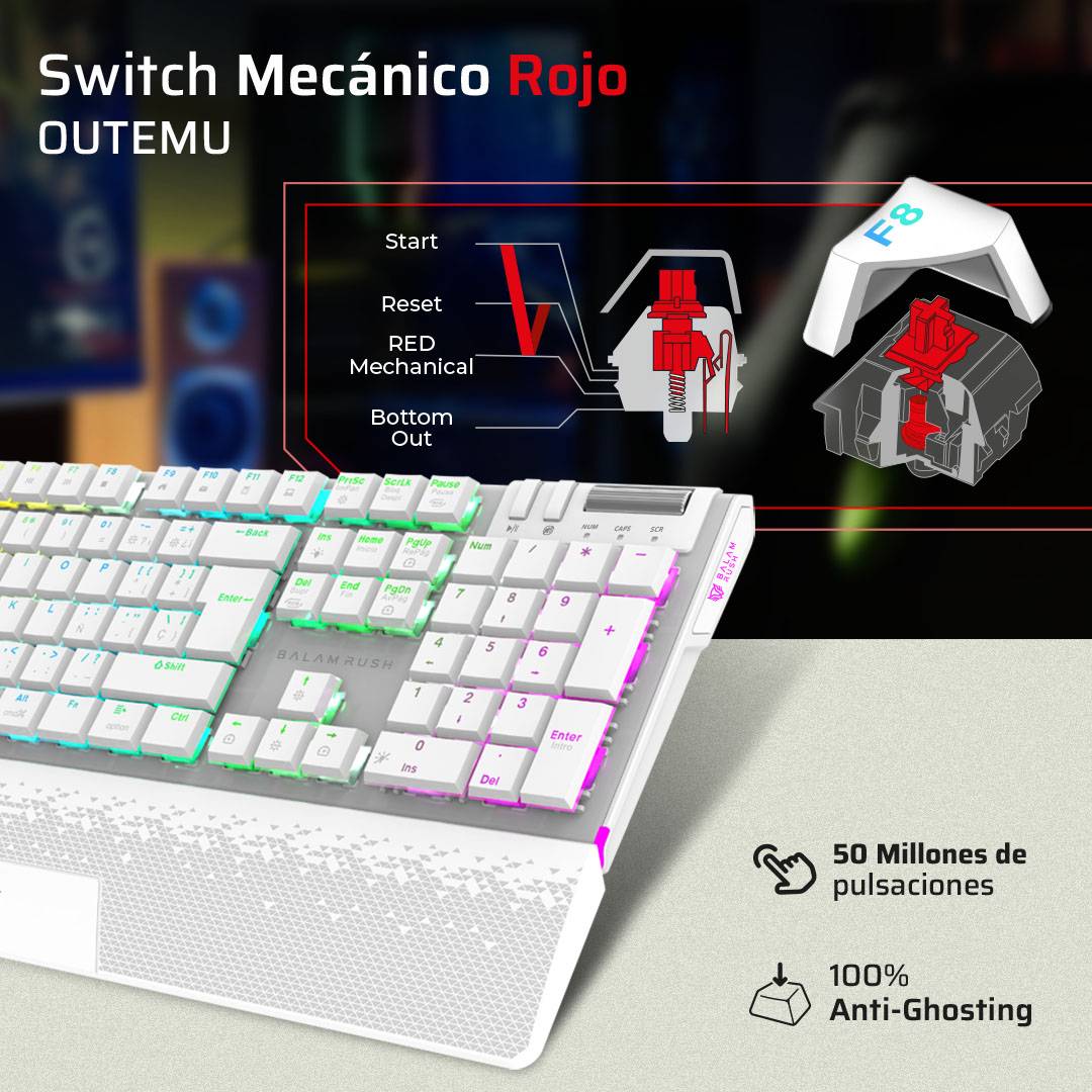 Teclado Gamer Inalámbrico DOMINATE EXPERT GK9791 Balam Rush Legend Series Conecta hasta 5 Dispositivos, Color Blanco, BR-940399