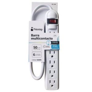 Barra Multiplecontacto Nextep NE-240 6 contactos Aterrizados Supresor 490J Cable 50Cm 16AWG color blanco Casa y Oficina