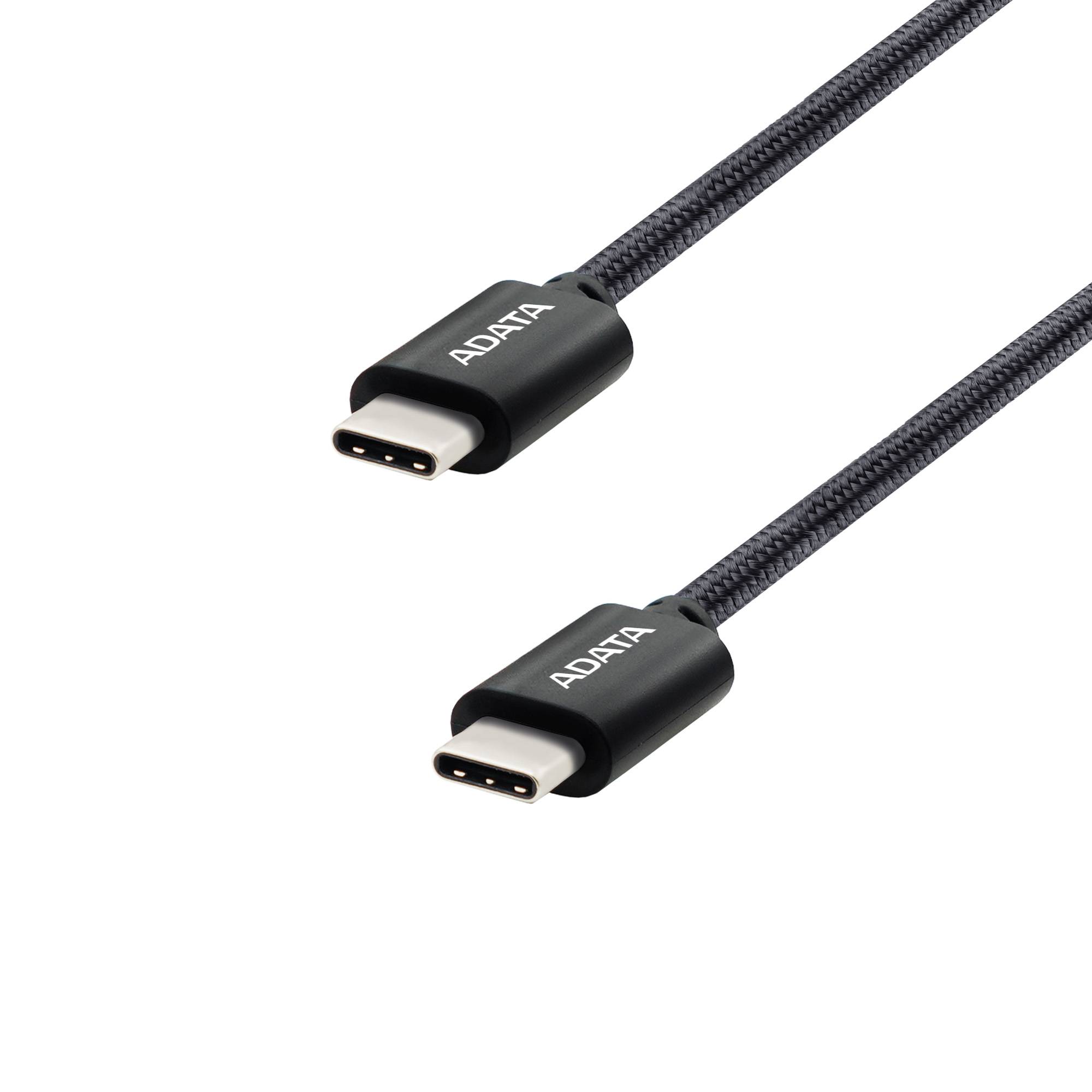 Cable ADATA USB Tipo C - USB Tipo C. Potencia máxima de salida de 100 W, Tejido de nailon, (2 M de longitud). Color Negro. CACC-200PN-BK