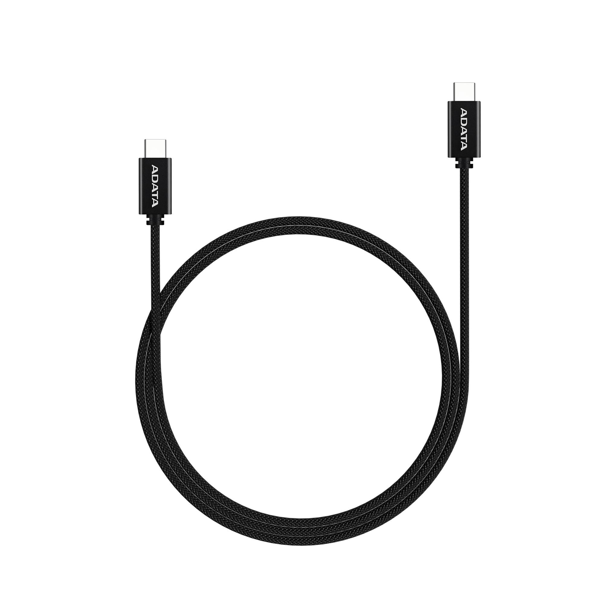 Cable ADATA USB Tipo C - USB Tipo C. Potencia máxima de salida de 100 W, Tejido de nailon, (2 M de longitud). Color Negro. CACC-200PN-BK