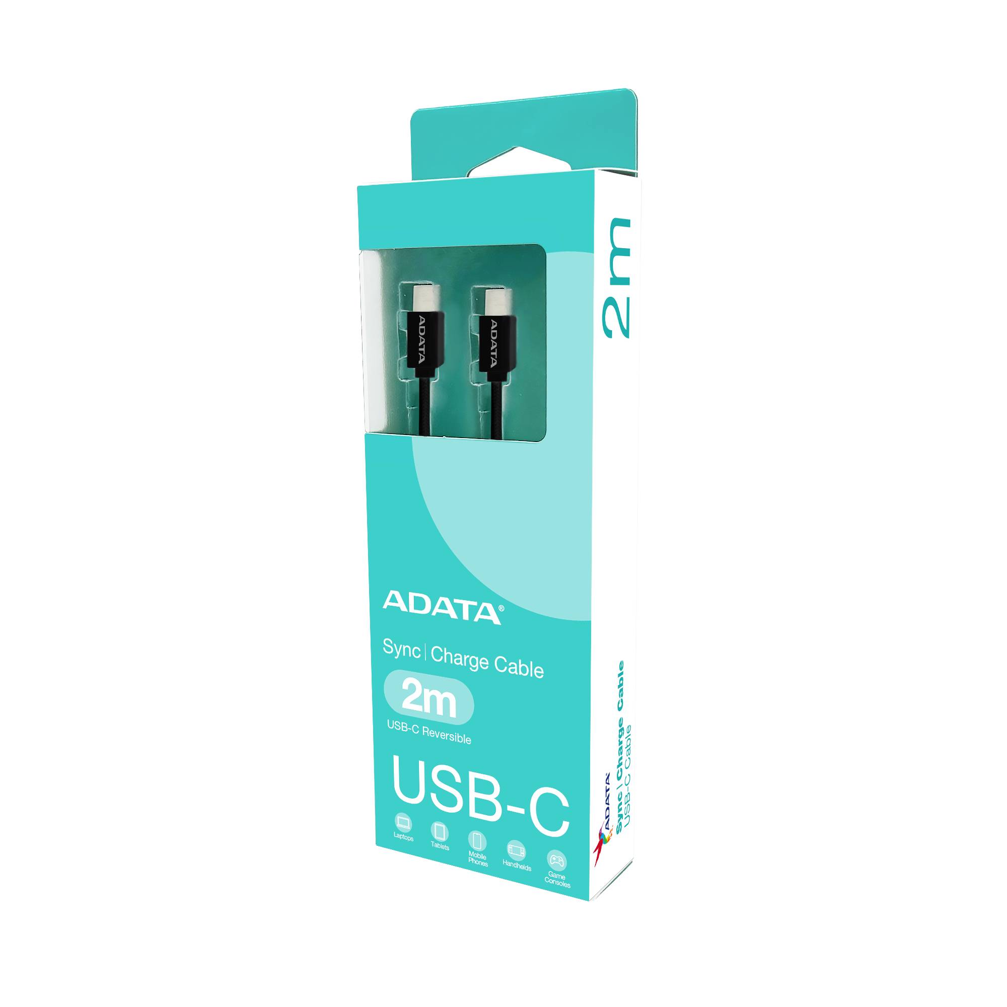 Cable ADATA USB Tipo C - USB Tipo C. Potencia máxima de salida de 100 W, Tejido de nailon, (2 M de longitud). Color Negro. CACC-200PN-BK