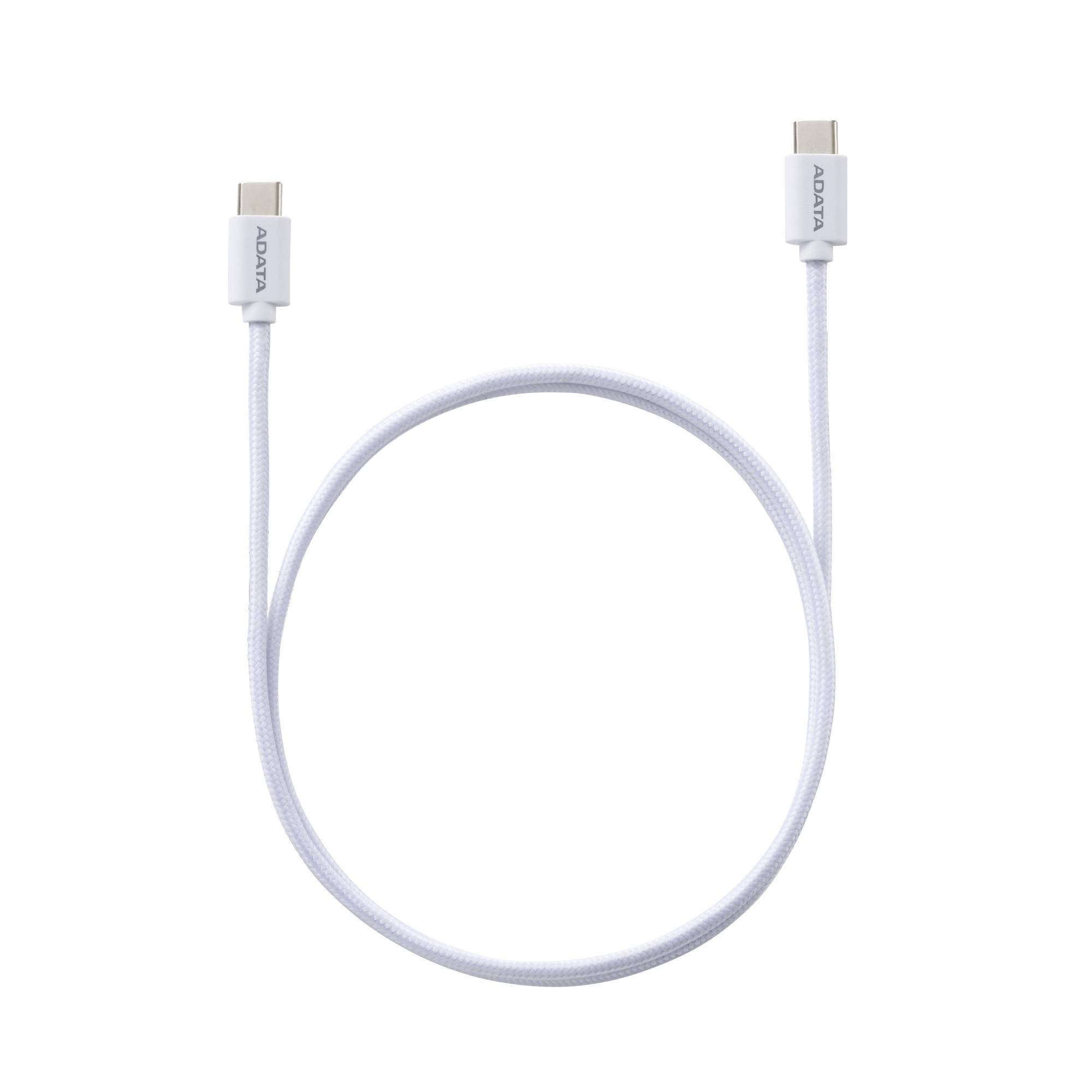 Cable ADATA USB Tipo C - USB Tipo C. Potencia máxima de salida de 100 W, Tejido de nailon, (2 M de longitud). Color Blanco. CACC-200PN-WH