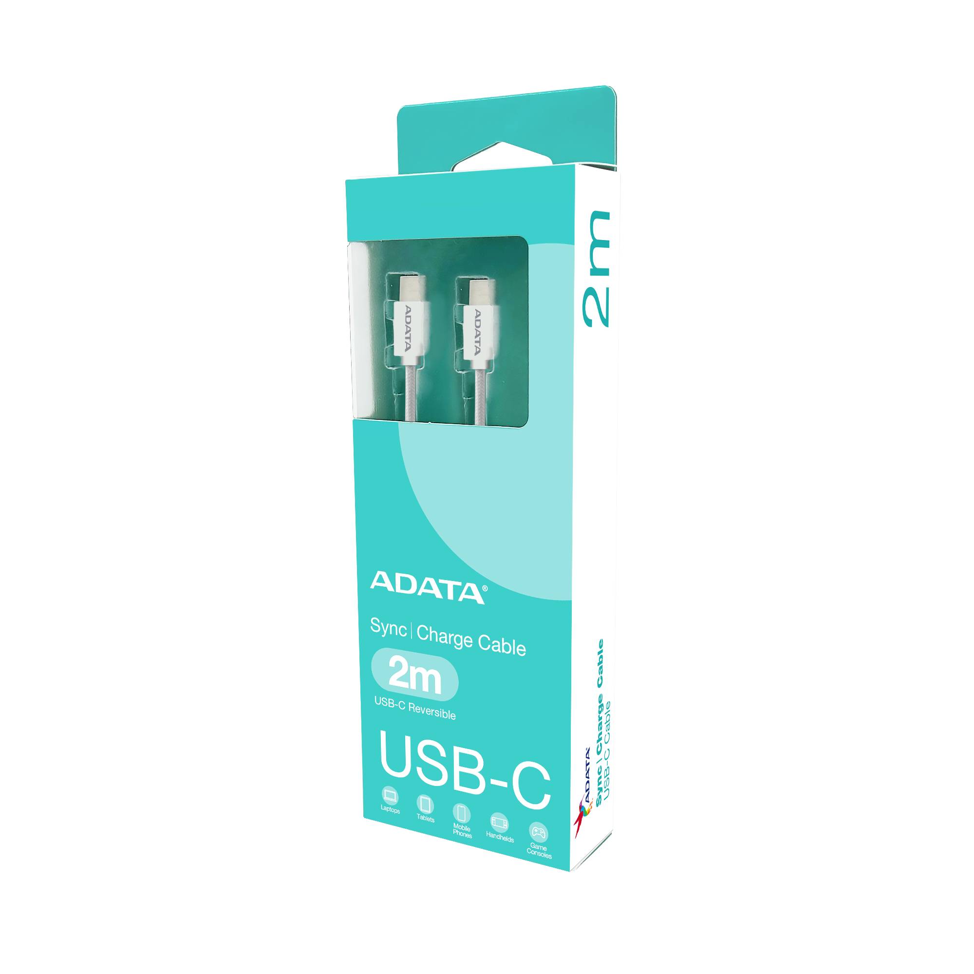 Cable ADATA USB Tipo C - USB Tipo C. Potencia máxima de salida de 100 W, Tejido de nailon, (2 M de longitud). Color Blanco. CACC-200PN-WH