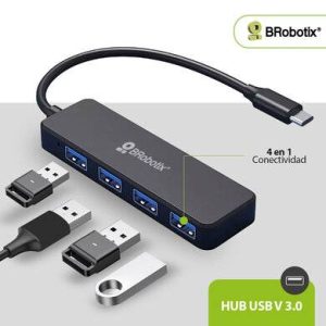 HUB USB V3.0, 4 PUERTOS, COMPATIBLE CON TODOS LOS PUERTOS Y DISPOSITIVOS USB TIPO A, CONEXIÓN TIPO C, 6007501 BROBOTIX