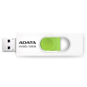 Memoria USB ADATA de 128GB UV320 3.2 (retro compatible con 3.0 y 2.0), diseño deslizante sin tapa. Color BLANCO/VERDE AUV320-128G-RWHGN