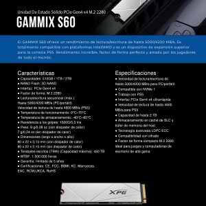 Unidad de Estado Sólido XPG GAMMIX S60 1TB PCIe Gen4 x4 M.2 2280, velocidades de lectura/escritura secuenciales de hasta 5.000/4.200 MB por segundo, AGAMMI